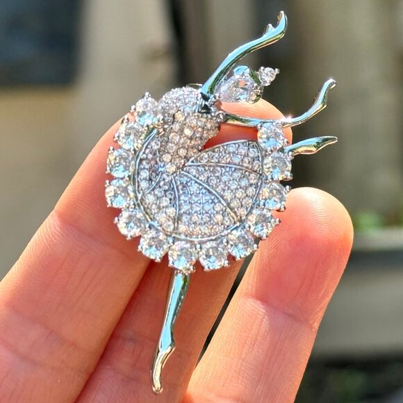 Ballerina Brooch White Gold Plated Zircon Ballerina Pin Ballet Brooch - Picture 8 of 11